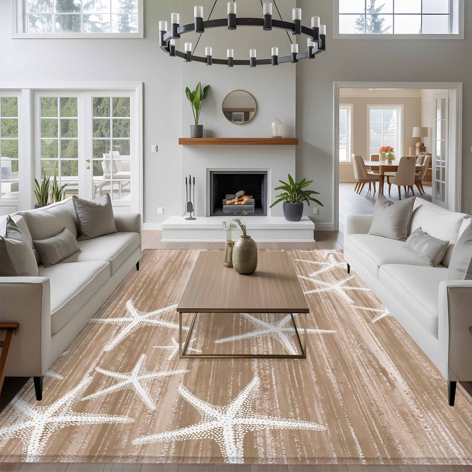 Brown Coastal Area Rugs 8'x10', Washable Small Throw Rugs for Living Room Patio, Summer Ocean Waves Ombre Sea Starfish Indoor Outdoor Rug Non-Slip Low Pile Carpet Runner Reversible Floor Mats