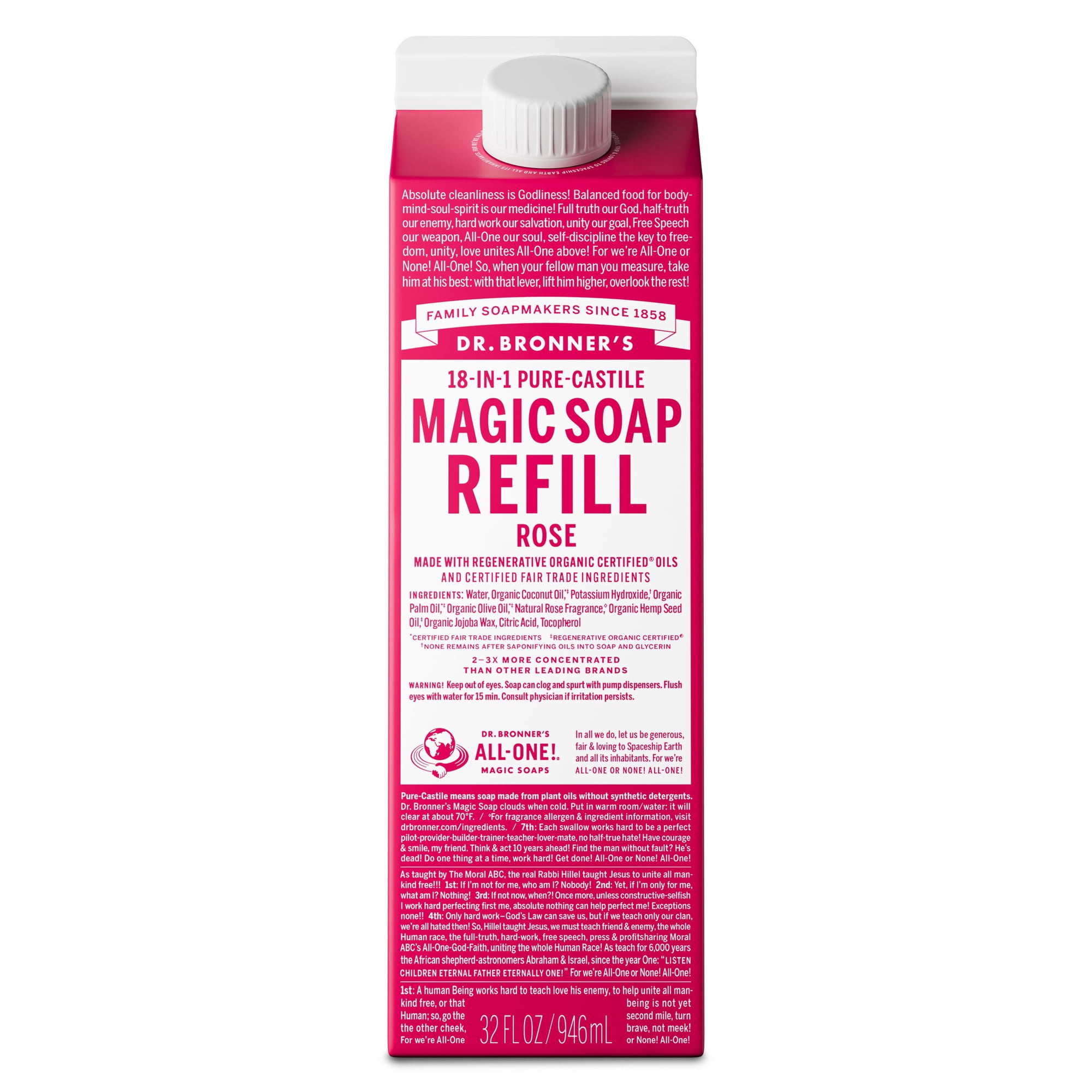 Dr.Bronner's Magic Soap Refill, Rose, Pure-Castile Body Wash Liquid Soap, 32 fl oz