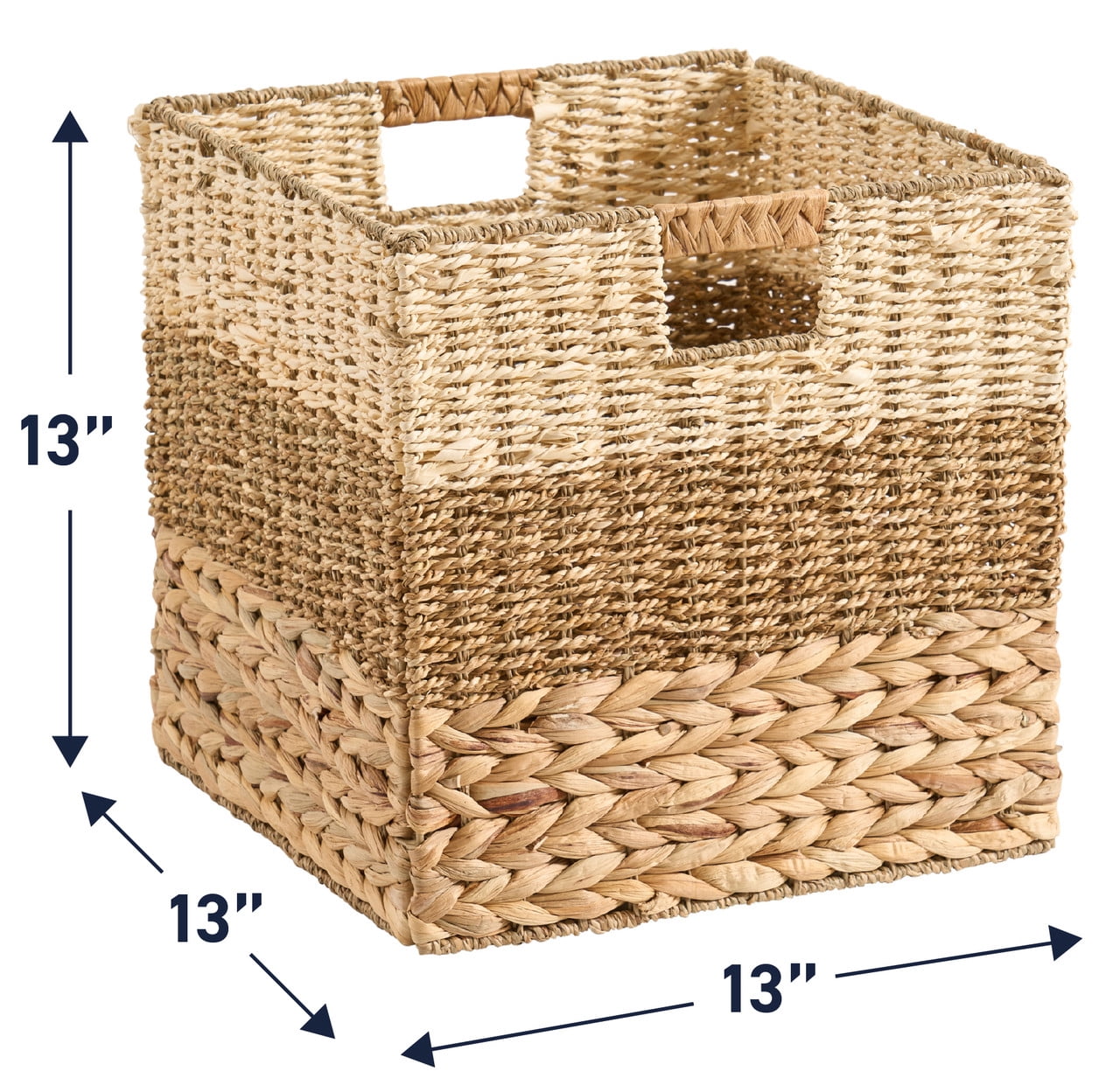 Ornavo Home 13" x 13" Inch Water Hyacinth Storage Basket Set of 6 with Handles | Natural Handwoven Mixed Weave Wicker Organizer Bins for Shelves, Closet, Living Room, Bathroom, Pantry and Laundry