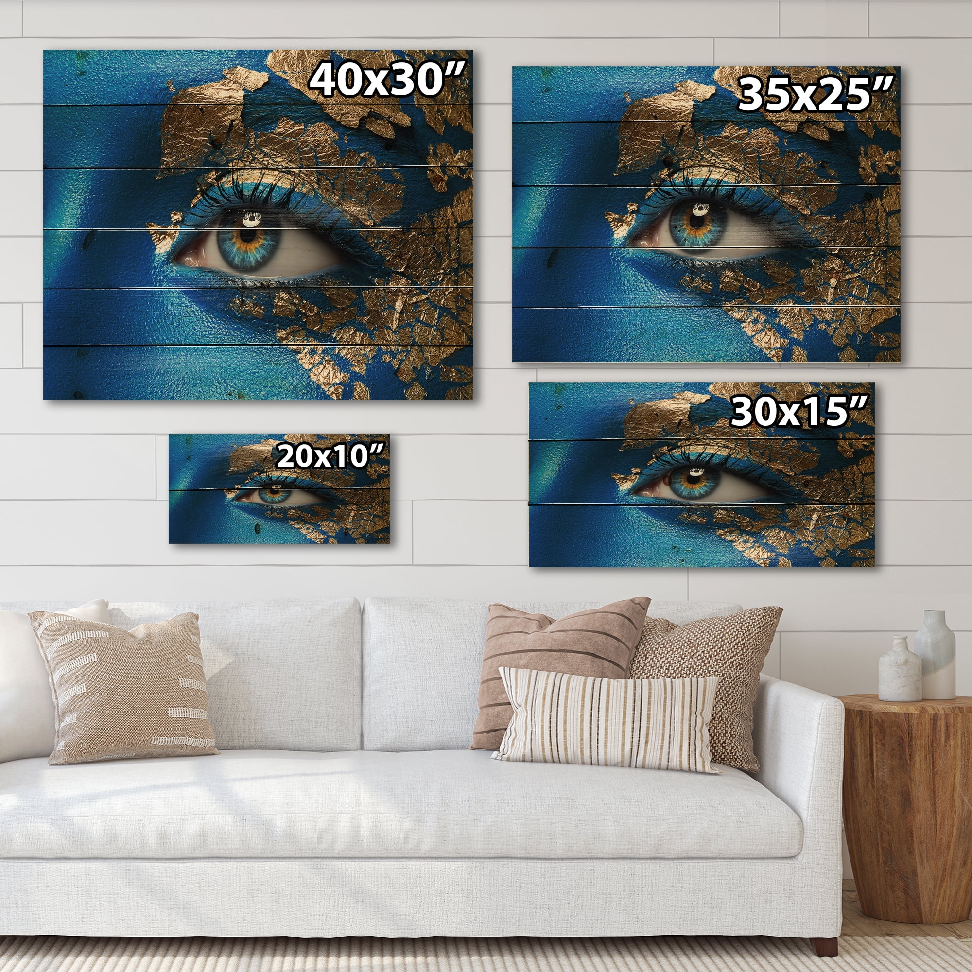 Designart 'Portrait of A Young Woman Model With Blue Make-Up' Modern Print on Natural Pine Wood