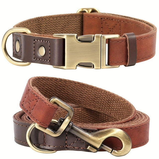 CNKOO PU Synthetic Leather Pet Collar and Leash Set Retro Color Matching Durable Nylon Webbing Lined Dog Collar Suitable for Large Medium and Small Dogs