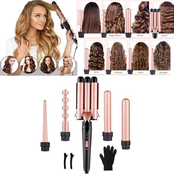 Hinzonek Beach Wave Curling Iron Wand, 5 in 1 Hair Waver 3 Barrel