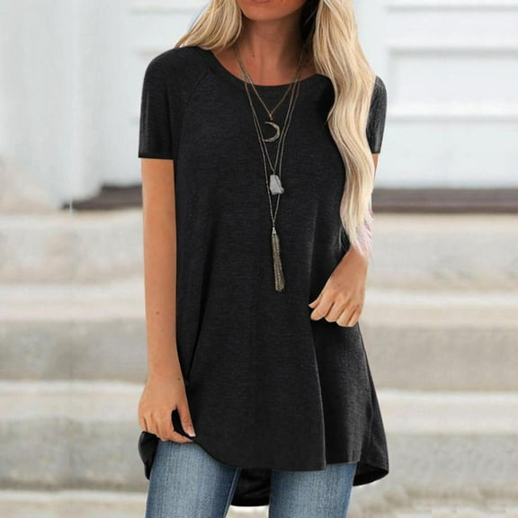 Jovati Short Sleeve Tunics for Women to Wear with Leggings Plus Size Fashion Plain Crew Neck T-Shirt Mid-Length Blouse