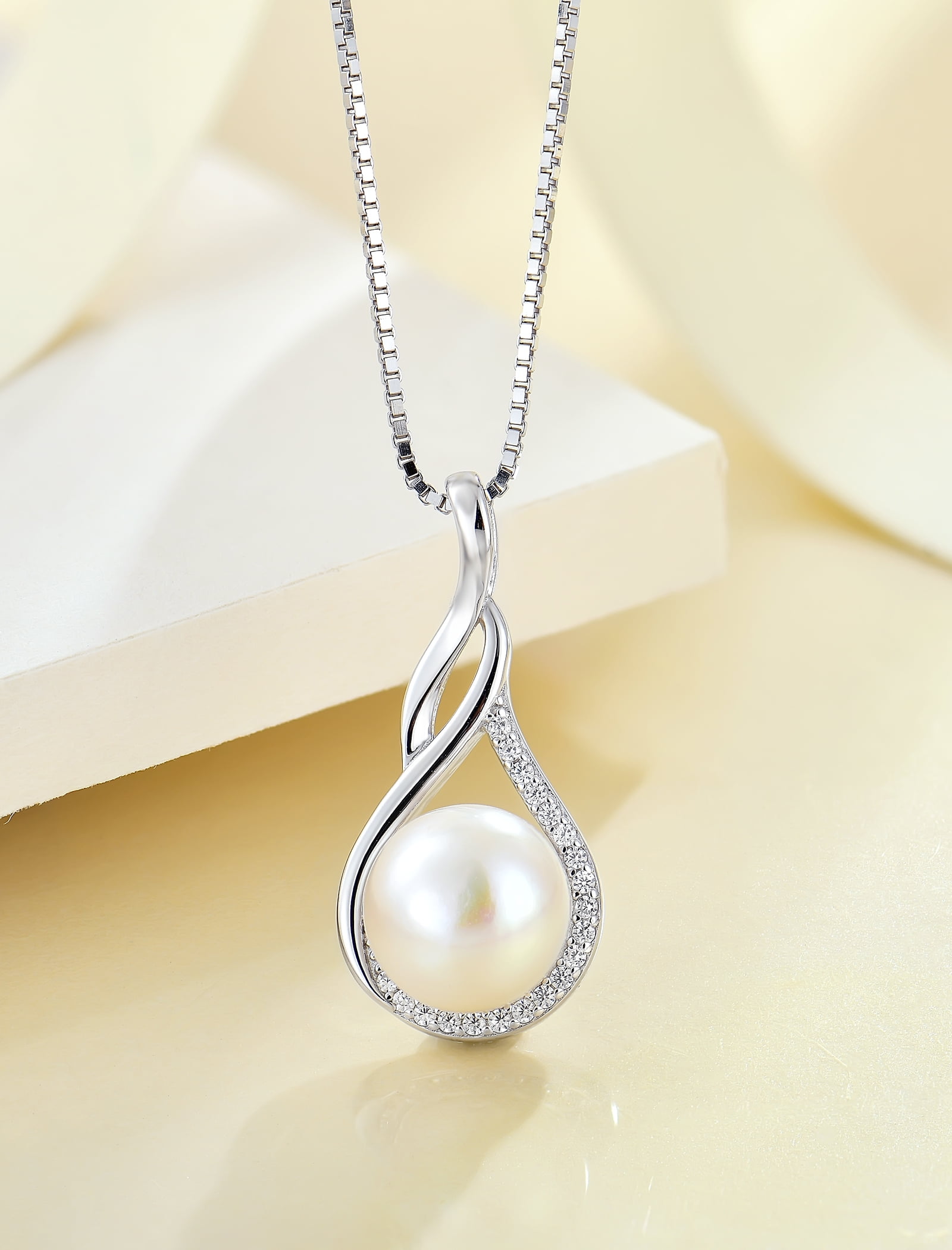 PYNZY Infinity Pearl Necklace for Women, 925 Sterling Silver 18K White Gold Plated CZ Pearl Pendant Necklace 9MM Freshwater Cultured Pearl Jewelry Gift
