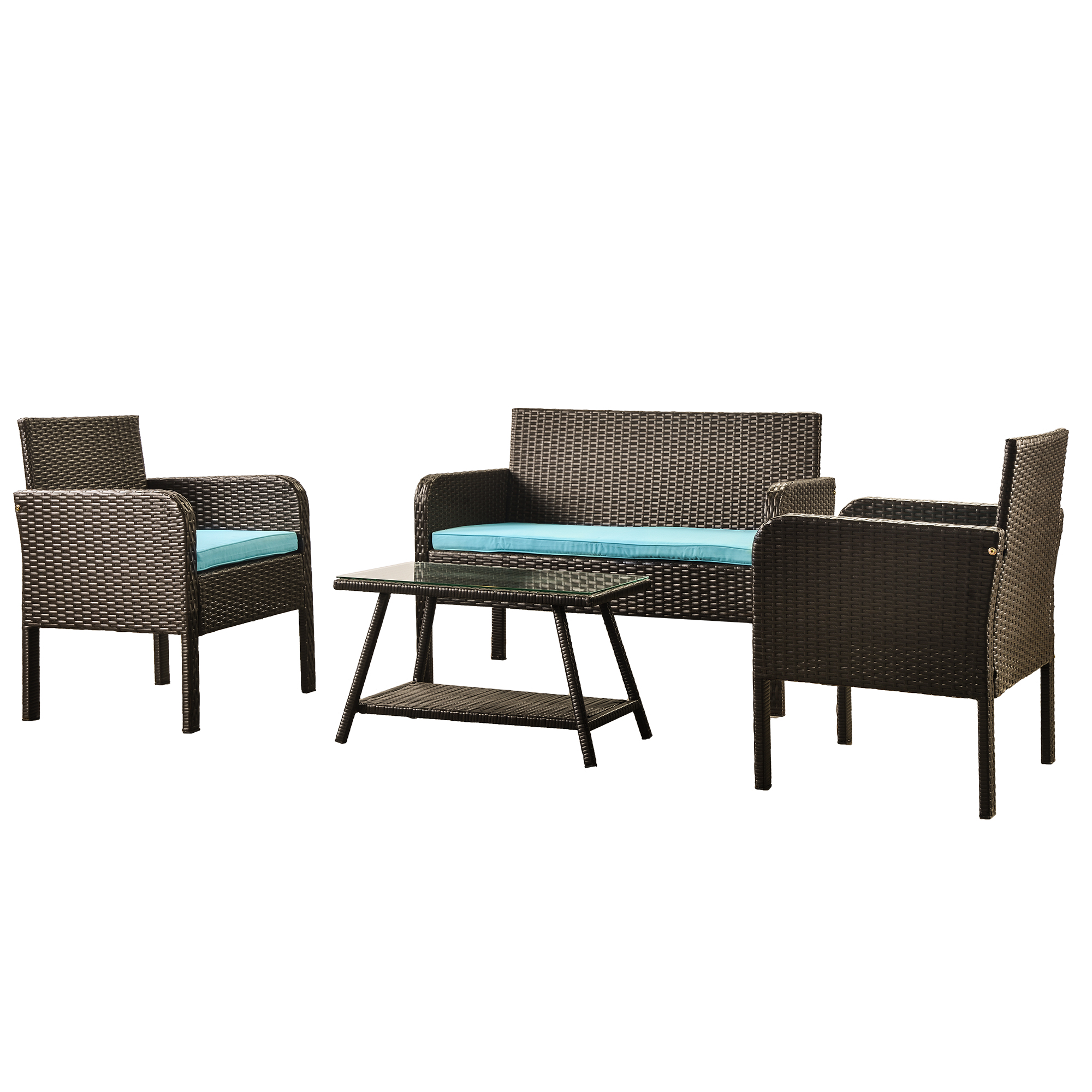 Patio Furniture Set, 4-Piece Outdoor Indoor Use Bistro Wicker Chairs Conversation Sets, Leisure Rattan Chair Sets with 1 Loveseat, 2 Single Chairs and Glass Coffee Table, Outdoor Armchair Seat, S1784 - image 1 of 7