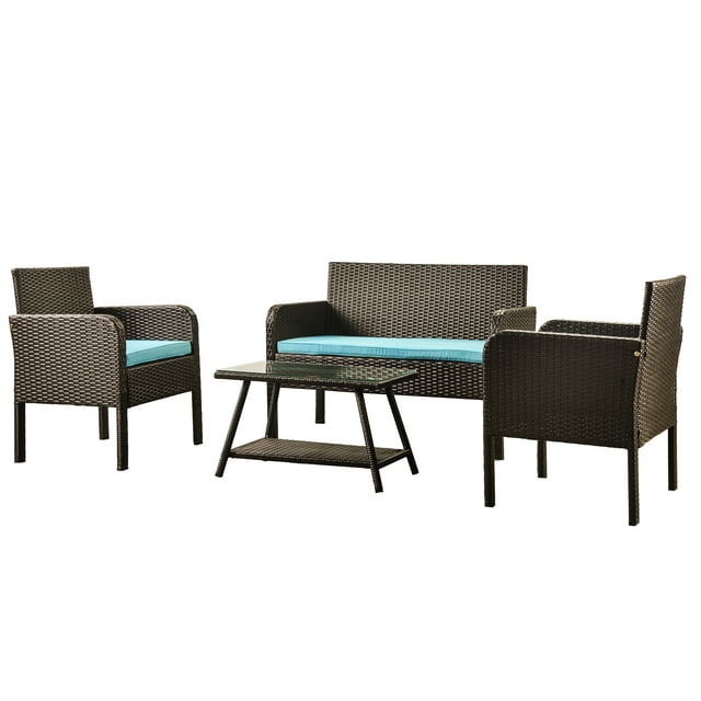 Patio Furniture Set, 4-Piece Outdoor Indoor Use Bistro Wicker Chairs Conversation Sets, Leisure Rattan Chair Sets with 1 Loveseat, 2 Single Chairs and Glass Coffee Table, Outdoor Armchair Seat, S1784