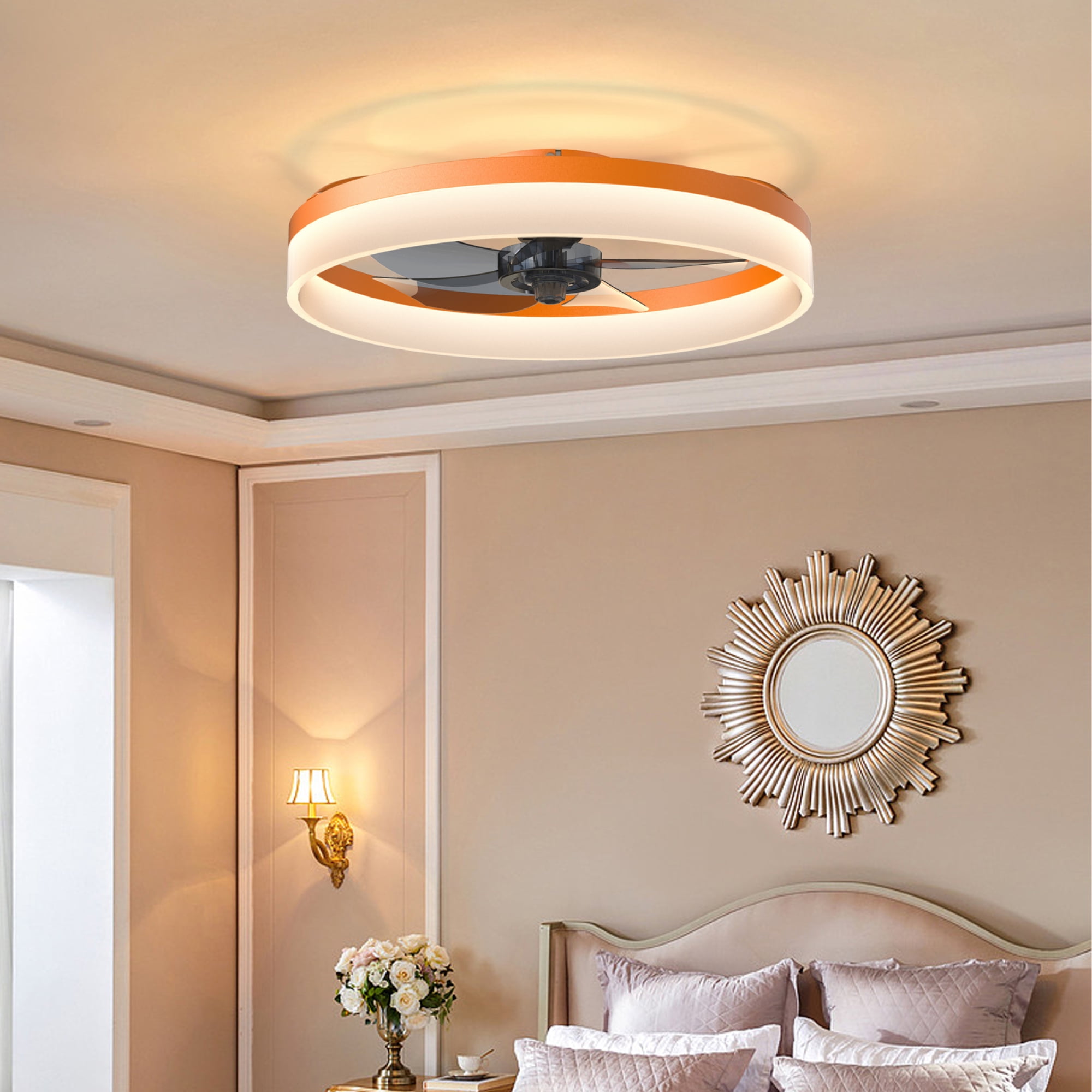 Leumius Ceiling Fans with Lights Dimmable LED Embedded Installation of Thin Modern Ceiling Fans or Bedroom, Kids Room, Study Room Light Orange