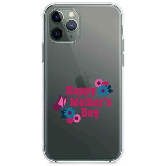 DistinctInk Clear Shockproof Hybrid Case for iPhone 13 Pro MAX (6.7" Screen) - TPU Bumper Acrylic Back Tempered Glass Screen Protector - Happy Mother's Day - Flowers Butterfly