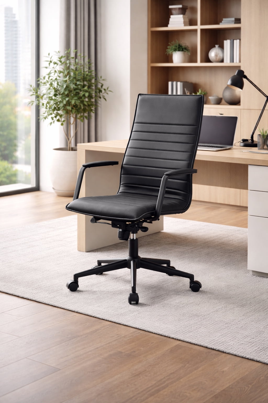 2xhome Set of 2 Modern High Back Office Desk Chair | Upholstered Ribbed PU Leather with Metal Frame | Computer Armchair for Home, Executive, Conference, Meetings (All Black)