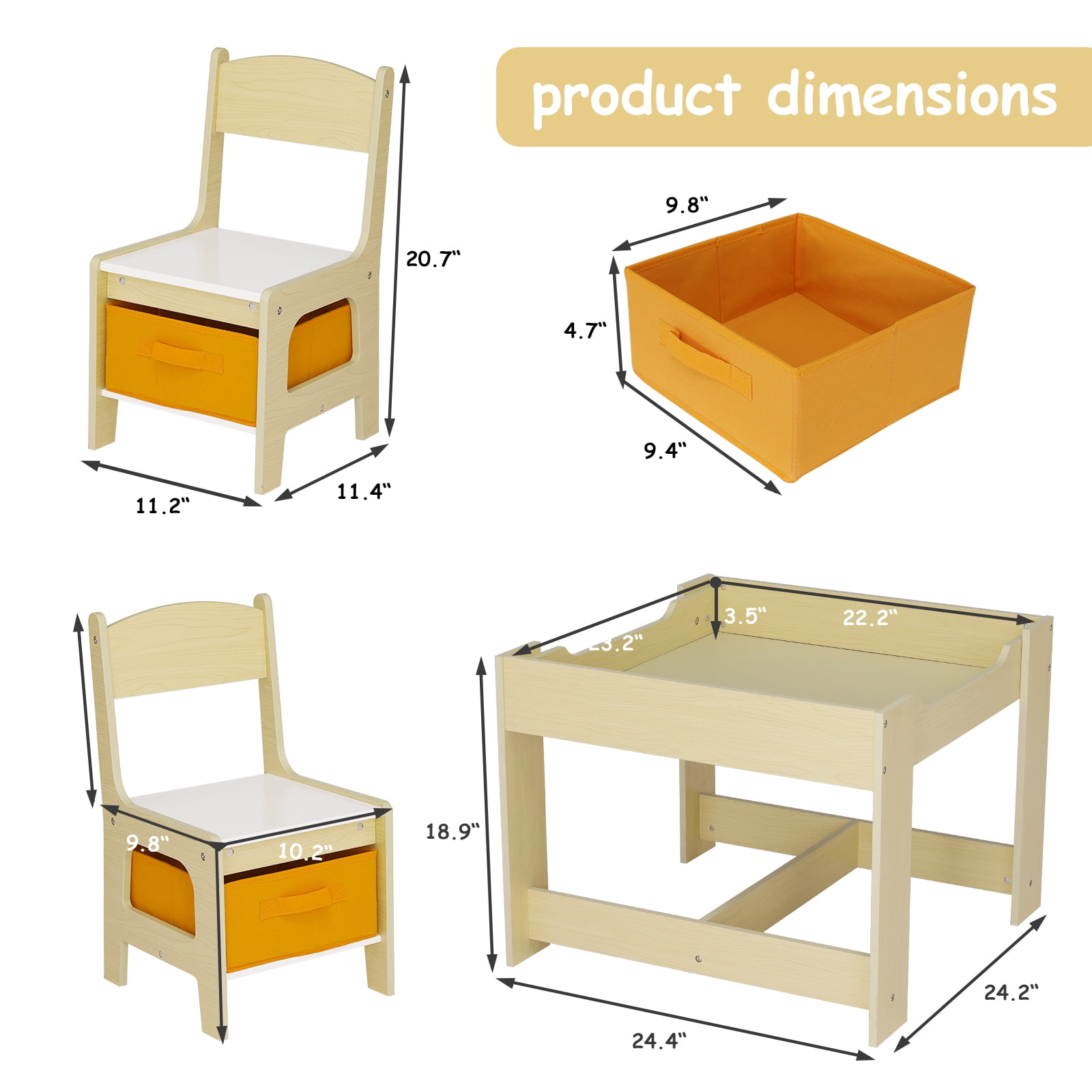 LAZY BUDDY 3-Piece Kids Table and Chairs Set, Wood Children Activity Desk Indoor Toddler Play Table and 2 Chairs Set with Storage