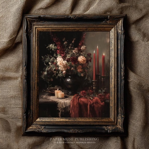 Dark Floral Still Life , Vintage Candlelight Wall Art, Romantic Decor, Old Worldprintable,, Stretched Canvas Size 8x12