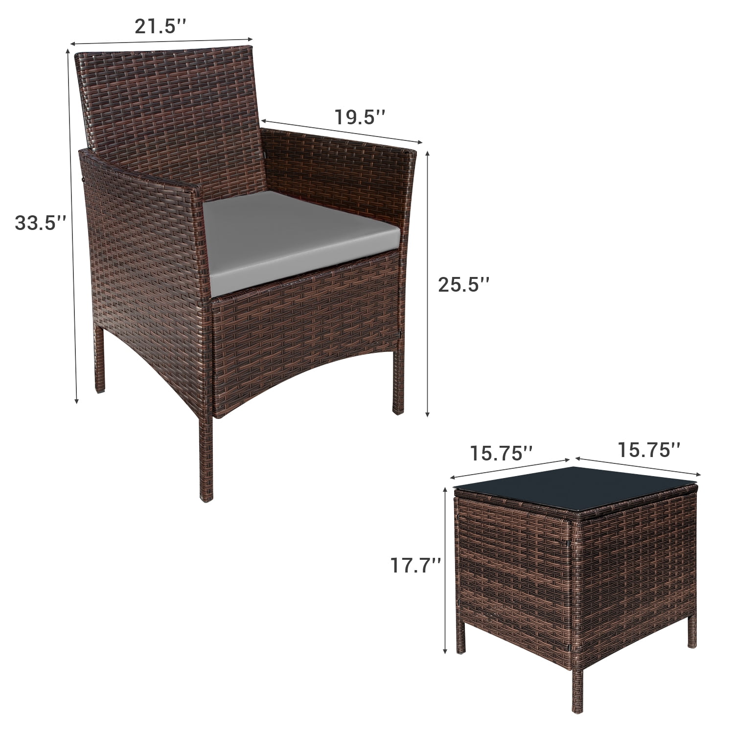 Homall 3 Pieces Patio Furniture Set Outdoor PE Rattan Wicker Patio Conversation Set Bistro Set with Tempered Glass and Cushioned Chairs, Brown/Gray