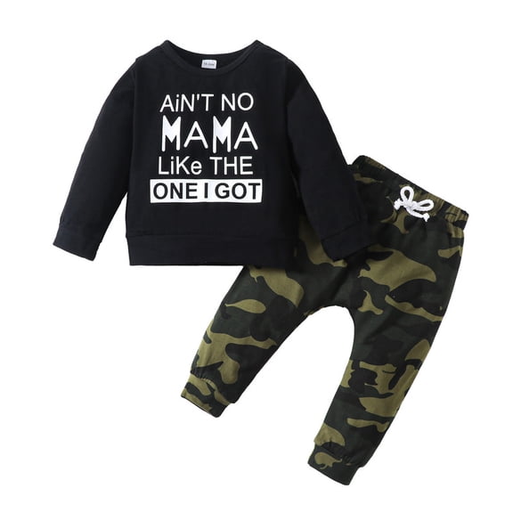 Mikrdoo 18 Months Baby Boys Casual Clothes 24 Months Boys Letter Graphics Long Sleeve Pullover Tops Drawstring Camo Pants Set 2Pcs Outfits Black