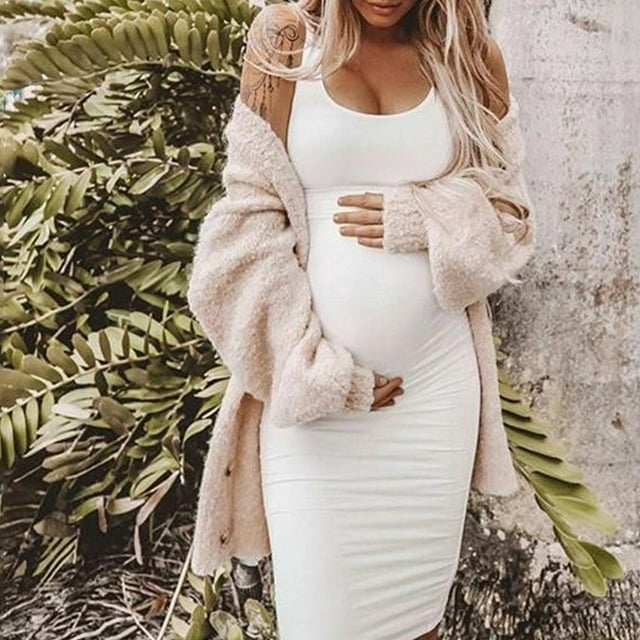 Robe Femme Enceinte Sans Manches Robe Courte Couleur Unie Robe Courte pour Femme Enceinte Tenue d'Été, Blanc, 3TG