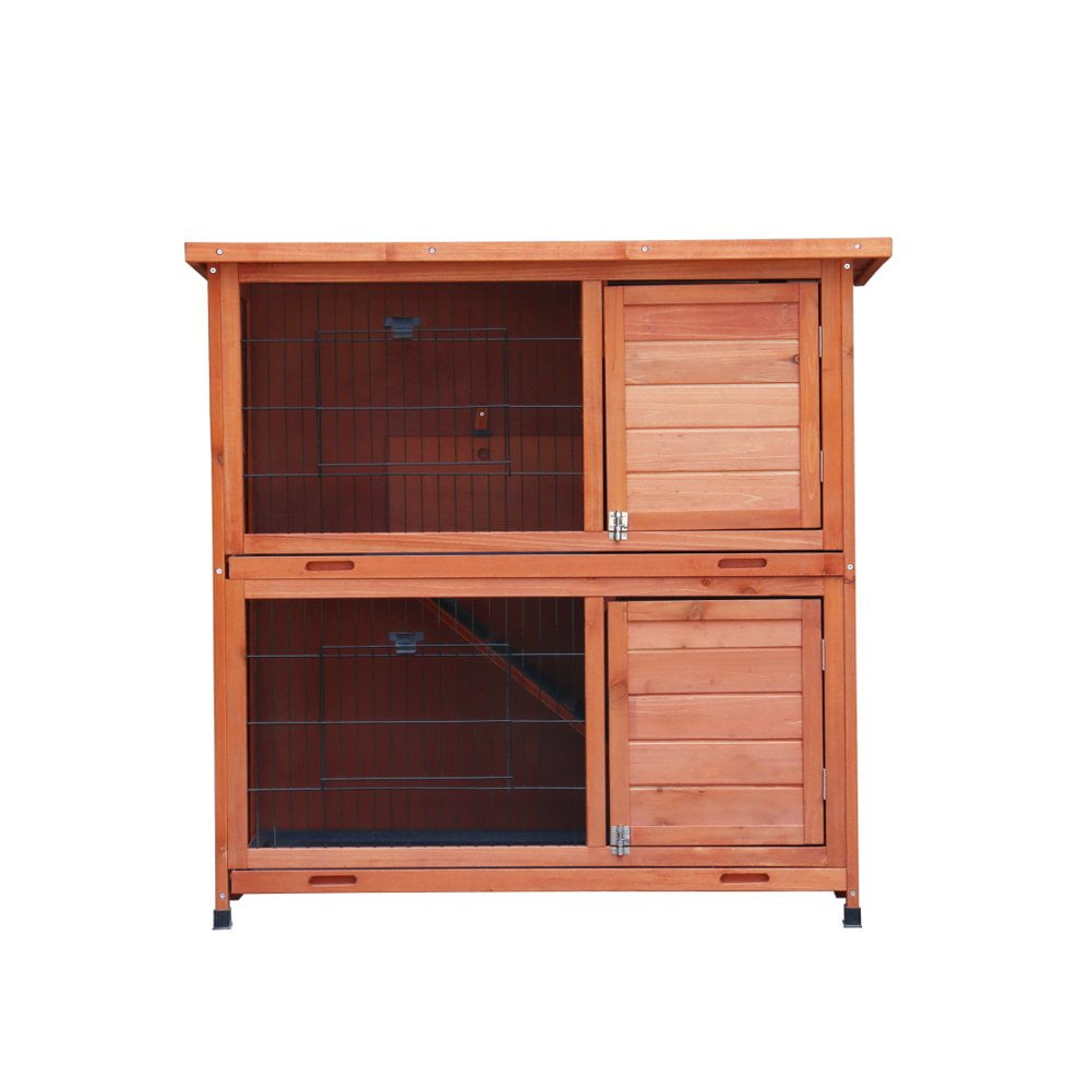 Hassch 41" 2-Story Wooden Rabbit Hutch Bunny Cage Small Animal Habitat Guinea Pig House with Non-Slip Ramp, Removable No Leak Tray and Weatherproof Roof, Outdoor/Indoor, Natural Wood