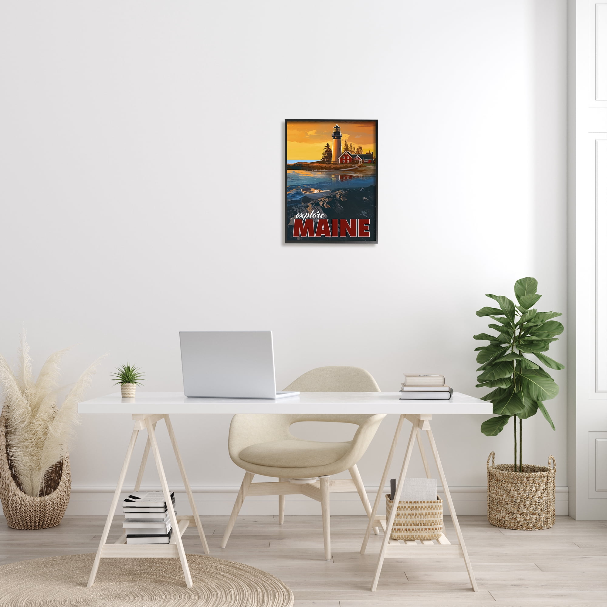Stupell Industries Explore Maine Distant Ocean Lighthouse Beacon Travel Graphic Art Black Framed Art Print Wall Art, Design by David Owens Illustration