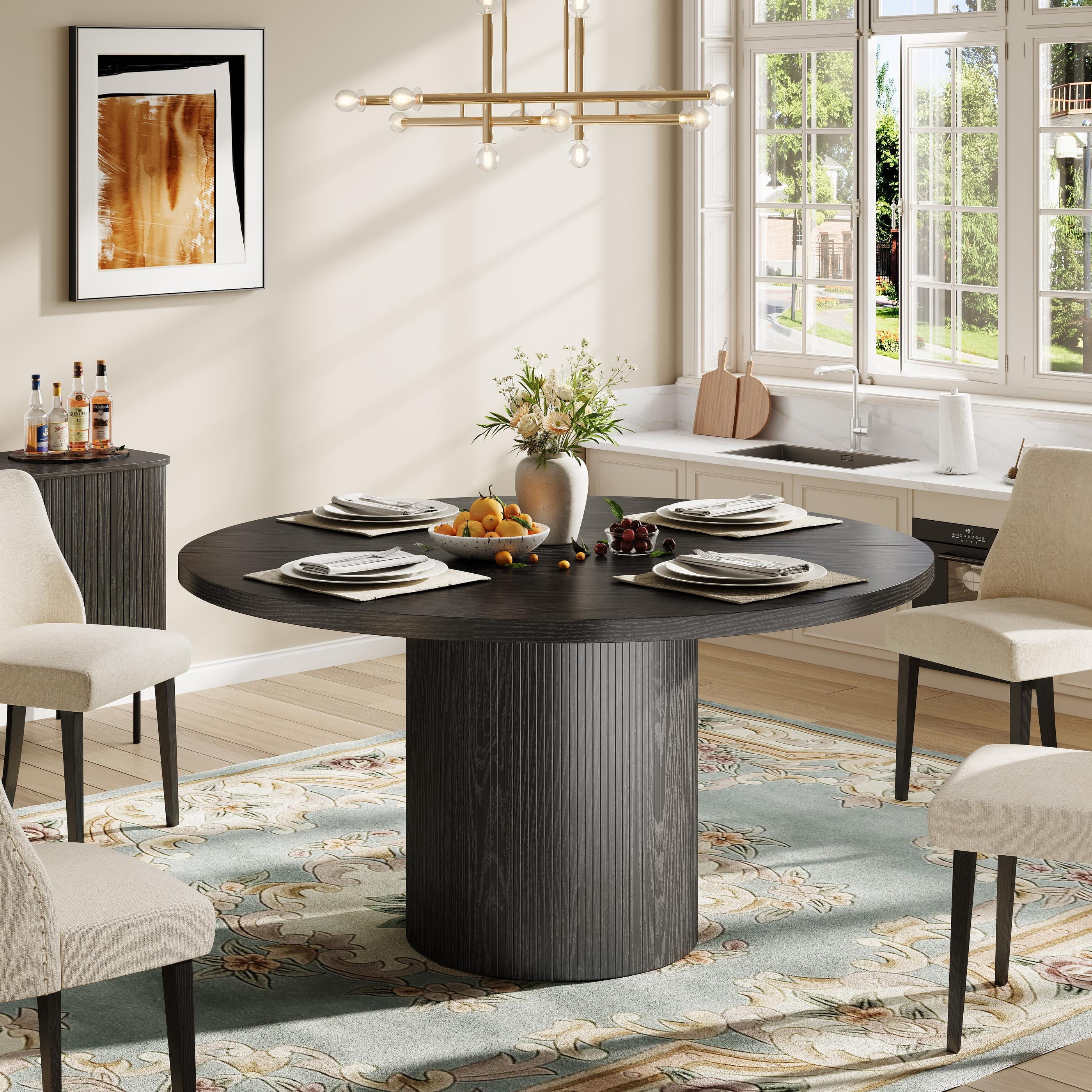 47" Dining Table, LEGAHOME Round Kitchen Table for 4, Wooden Circle Pedestal Table for Dining Room with 1.1in Thickness Tabletop, Black(Only Table)