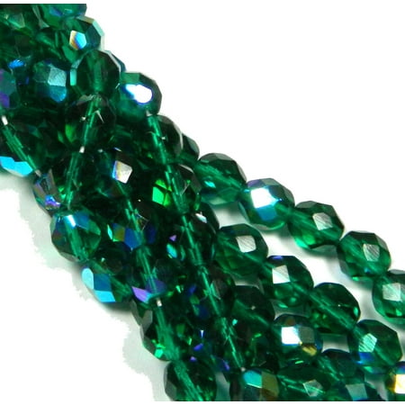 Firepolish Faceted Glass Beads - 24 Firepolish Faceted Czech Glass, Loose Beads, 8mm AB Emerald