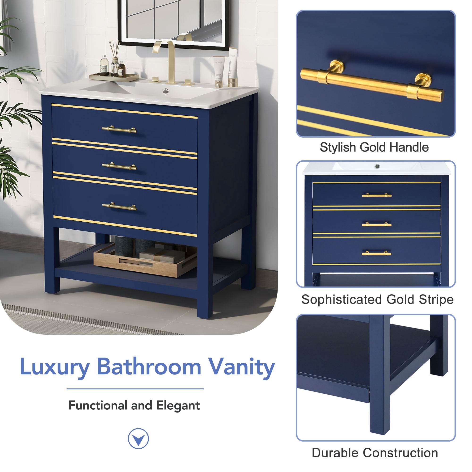 Roomfitters Modern 30inch Navy Blue Bathroom Vanity Cabinet Combo