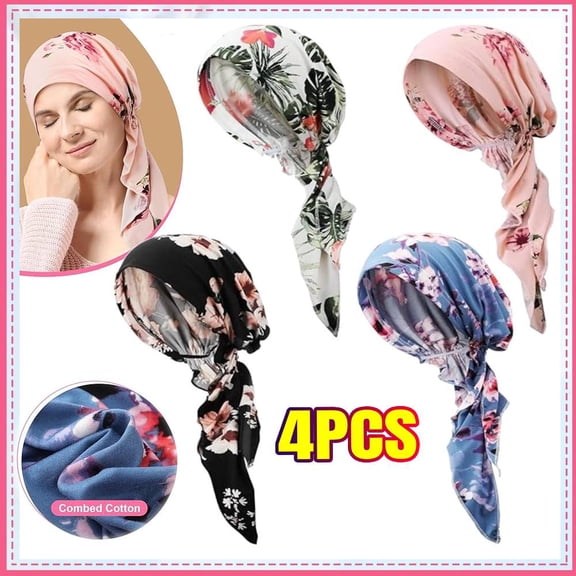 4 Pcs Chemo Headwear for Women Pre Tied Cancer Caps Cotton Head Scarf Turbans for Women Breast Cancer Month Gifts