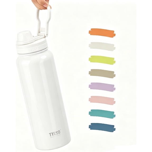 TYESO Insulated Stainless Steel Water Bottle With Spout Lid and Handle for Sports, Travel, and School,Insulated Water Bottle Keep Cold 24H, Leak-Proof (WHITE, 40 OZ)