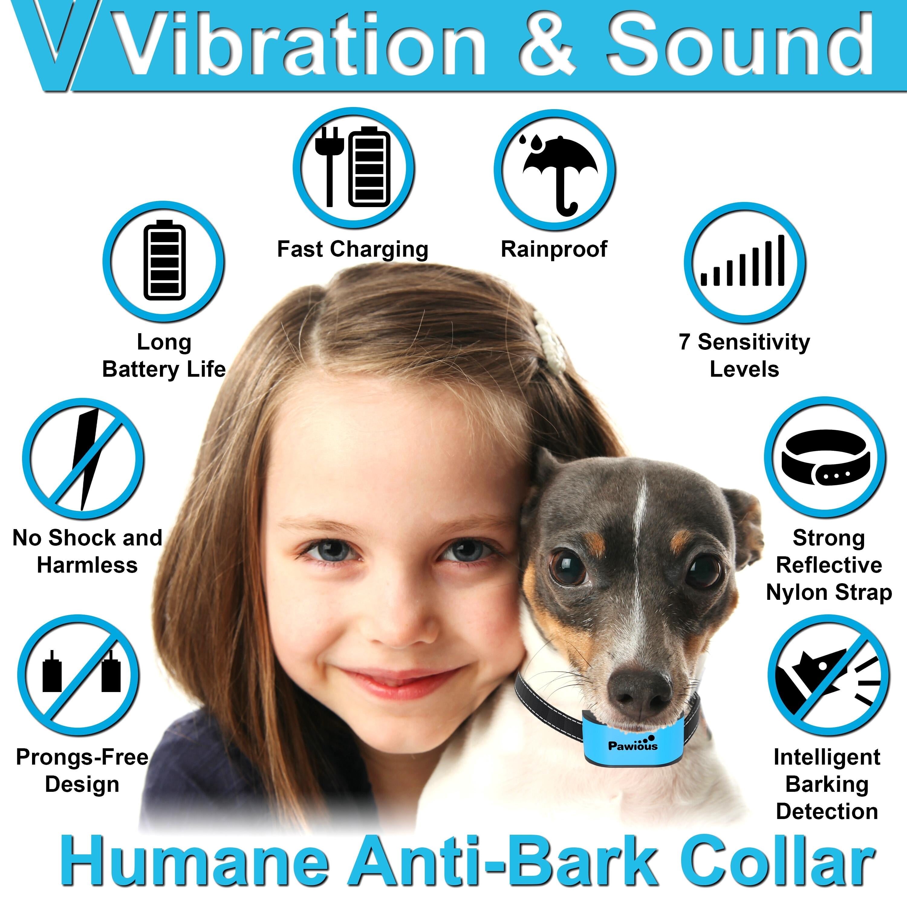 Pawious Small Dog Bark Collar - Humane Training, Rechargeable, Rainproof, Vibration - for Small and Medium Dogs