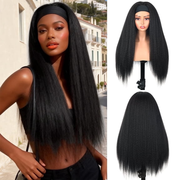 QUEENTAS Long Yaki-Straight Natural Black Headband Wig for Women 24inch