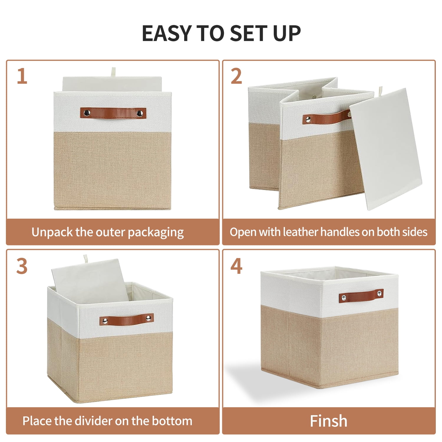 ENLOY Fabric Cube Storage Organizer Bins, 13x13 inch - 4 Pack Foldable Storage Cube Bins for Shelves, Large Capacity Storage Boxes with Leather Handle