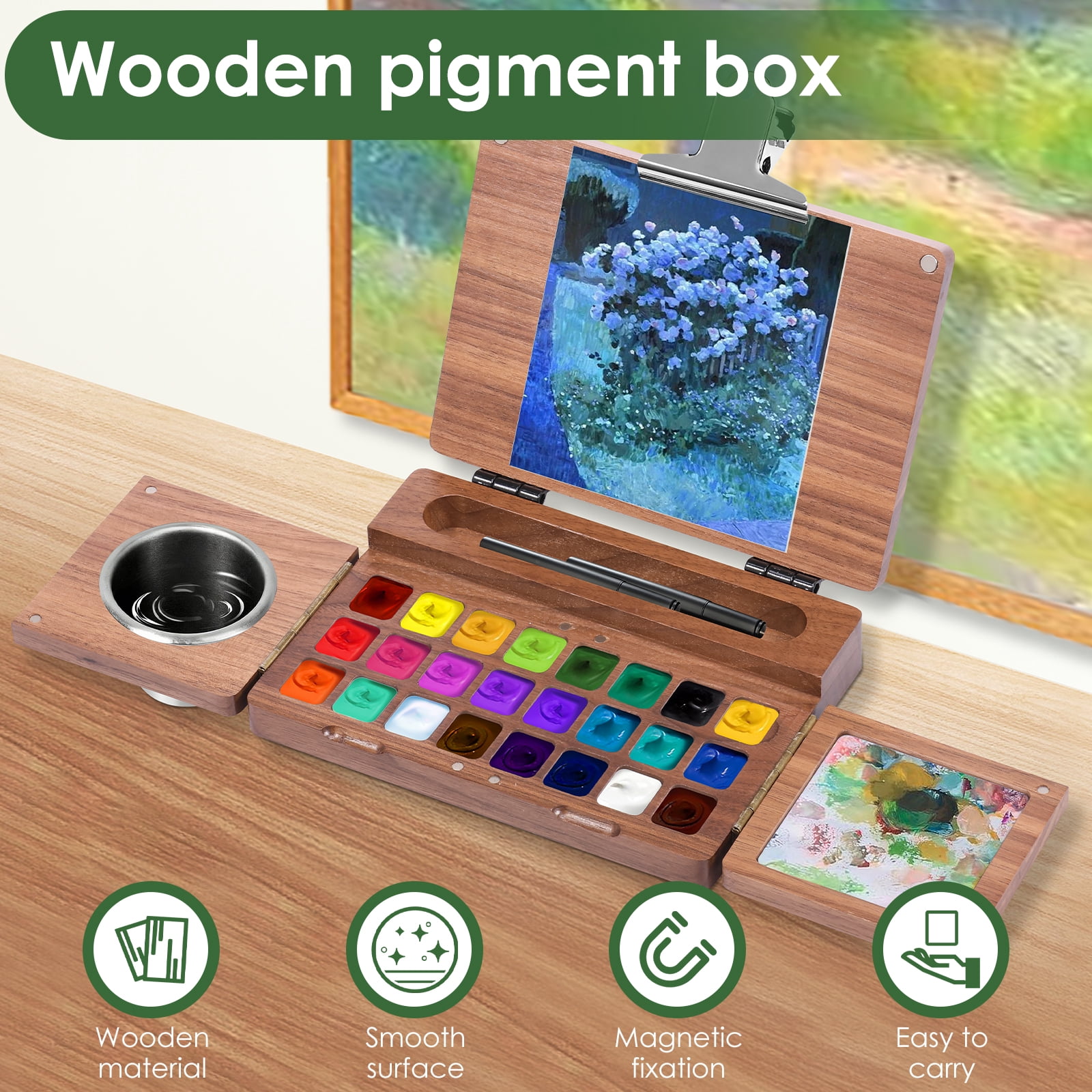 Threns Portable Travel Watercolor Paint Box – 24 Grids Wooden Foldable Watercolor Palette for Plein Air Painting - Designed for Travel Artist Painter