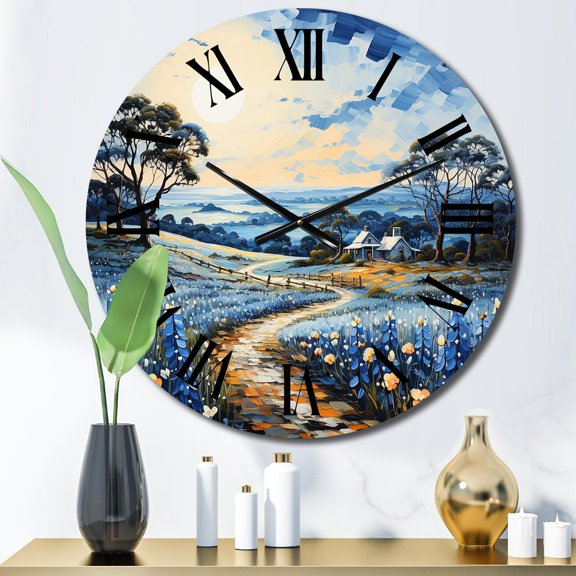 Designart "Blue Bonnets landscape Pointillism II" Floral Oversized Wall Clock