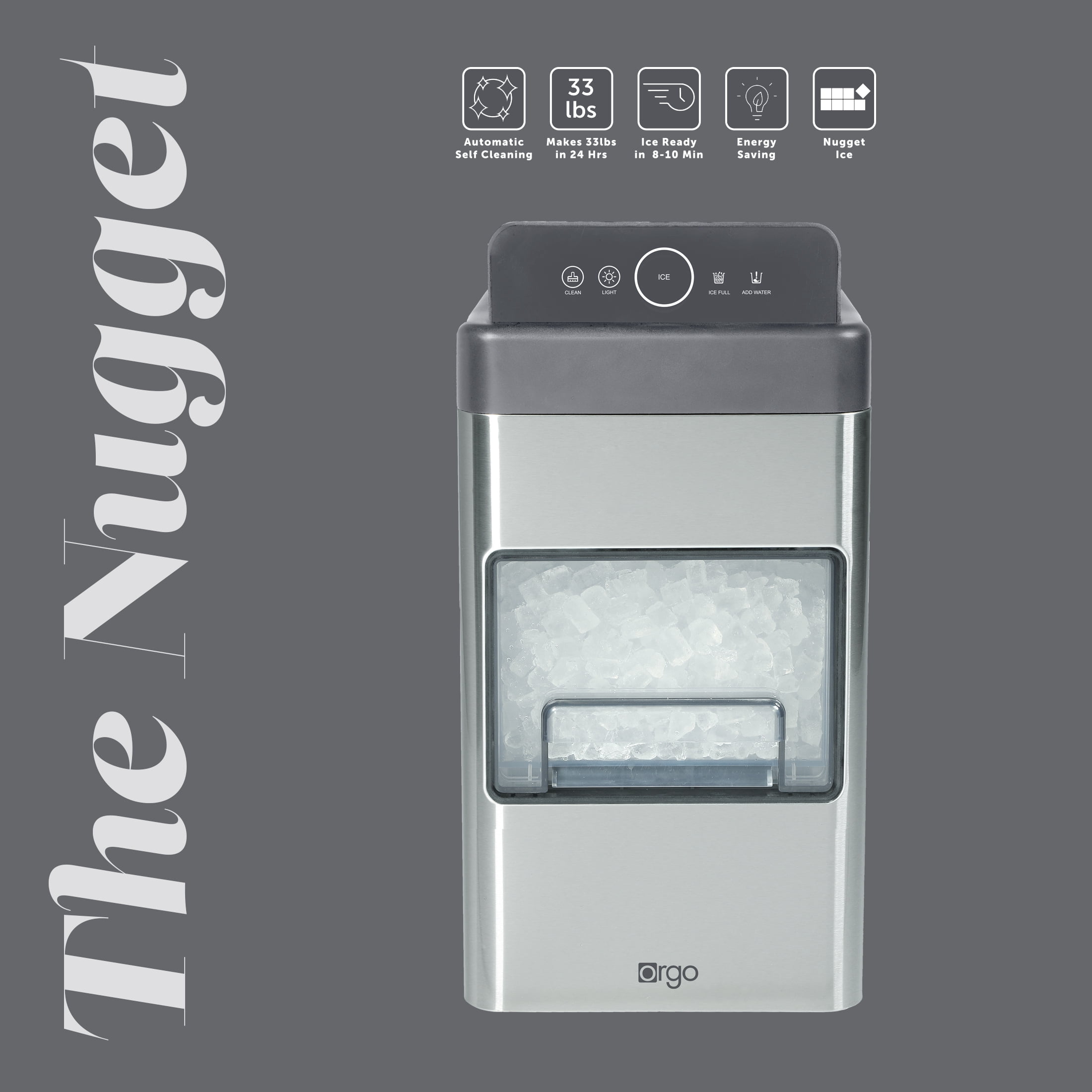 The Orgo Nugget Countertop Ice Maker – Portable Chewable Ice Machine for Home & Office, Self-Cleaning, Compact Design, Gray