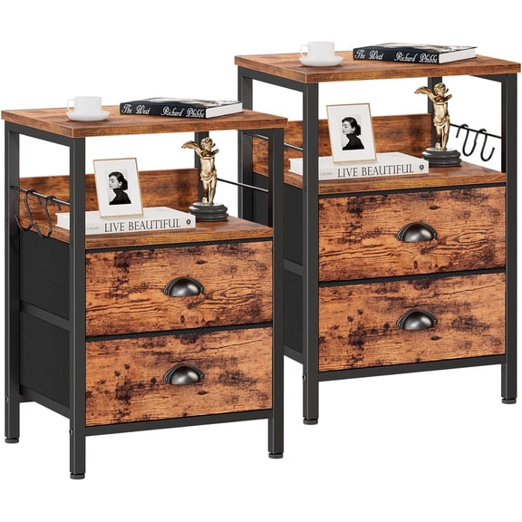 Night Stand Set of 2, Nightstand with 2 Fabric Drawers, Bed Side Table with Open Shelf, Wooden Top, Hooks, Backboard Design, End Table for Bedroom, Study, Hallway, Brown