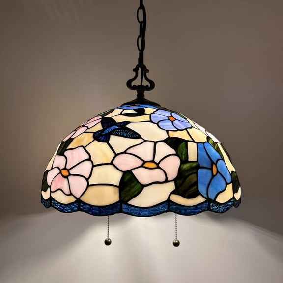 Tiffany Pendant Lights Fixture Pink Blue Stained Glass Hummingbird Flowers LED Bulb 16"W*16"D*75"H