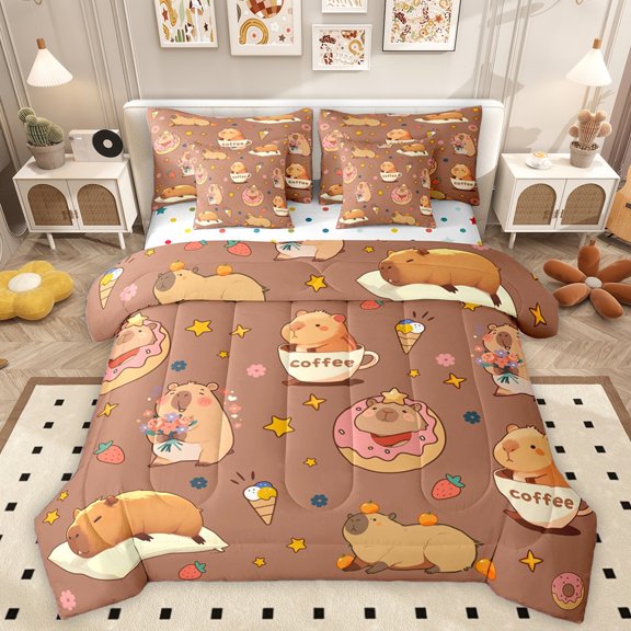 Homewish Brown Capybara 7-Piece Twin Bedding Sets For Kids Boys Girls,Kawaii Animal Bedding Comforter Set,Donuts Dessert Flowers Strawberry Breathable Sheet Sets,Lightweight Room Decor,Reversible