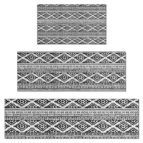 Black Geometric Triangle Diamond Pattern Kitchen Rugs Sets Of 3,Kitchen Runner Rugs Non Skid Washable,Decorative Kitchen Floor Mats for Kitchen,Sink,Laundry,17"x30" 17"x47" 17"x59"