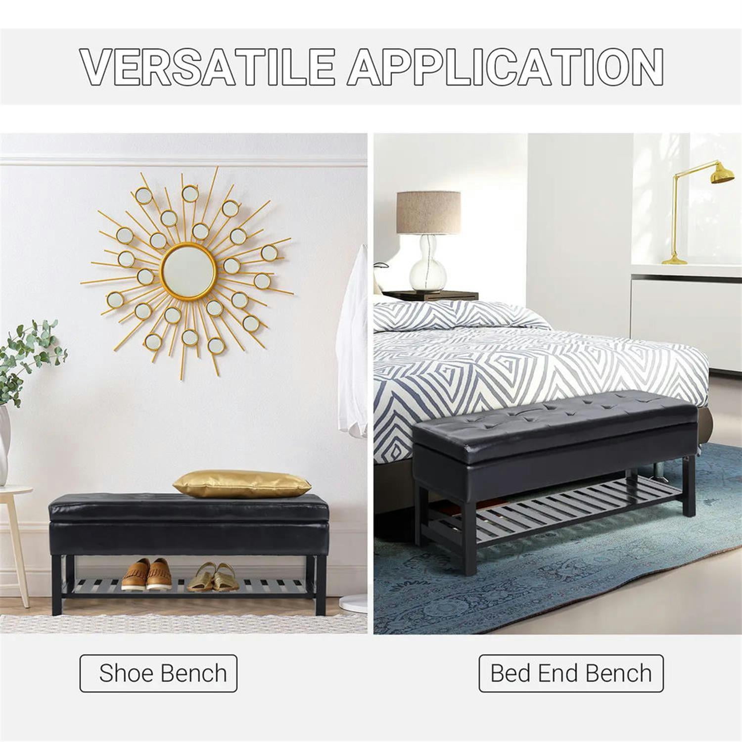 Demi Bonn Modern Storage Ottoman Bench with Shoe Rack, 44" Tufted Faux Leather, Space-Saving Footrest, Sturdy Bench, Black