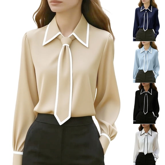 UPPADA Women's Satin Tie Neck Blouses Long Sleeve Collared Button Down Tops Casual Office Shirts for Work Business Black,L