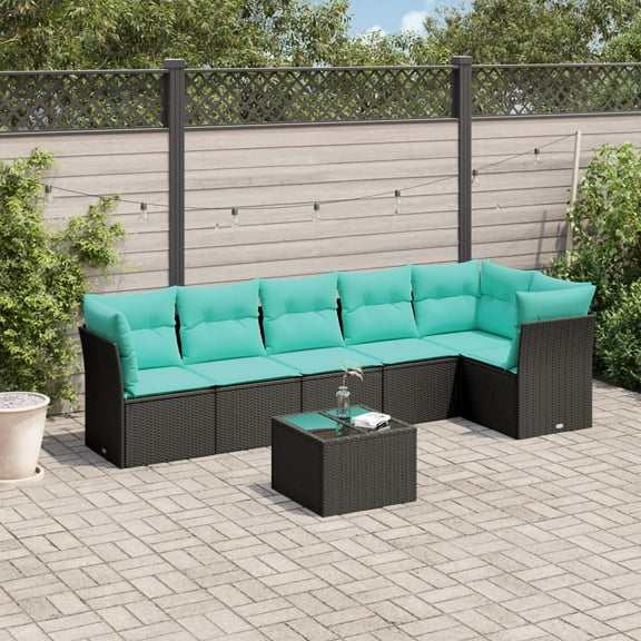vidaXL 7 Piece Patio Sofa Set with Cushions Black Poly Rattan