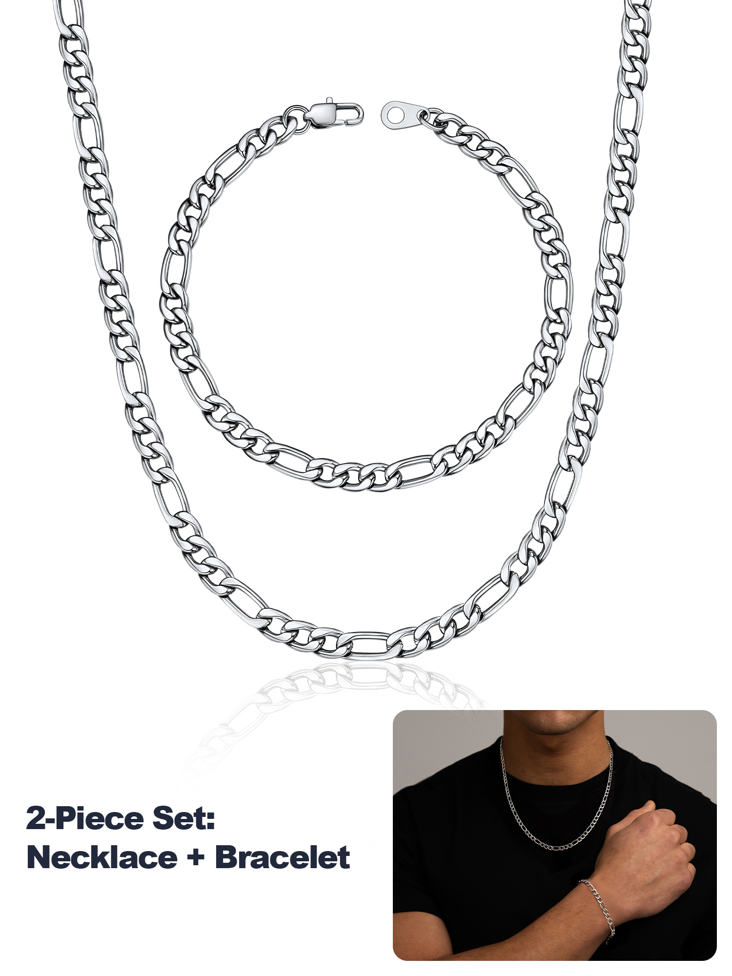 U7 Figaro Necklace for Men Silver Chain Bracelet Stainless Steel Jewelry Set 2-Piece in 5MM Width 18 Inch