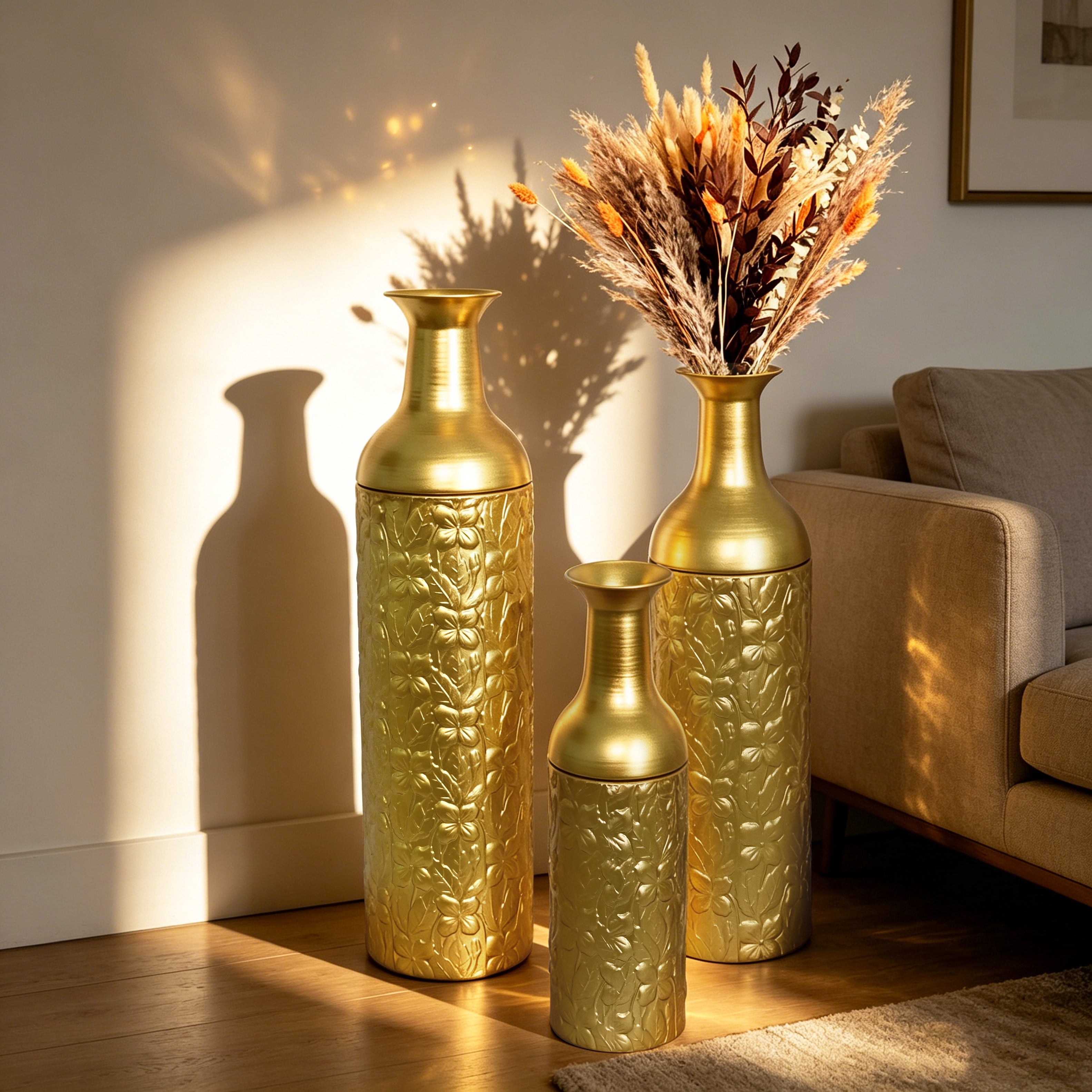 Metal Floor Vases Set of 3 with Leaf Pattern, Tall Decorative Vases and Home Decor Accents for Living Room Entryway, Gold