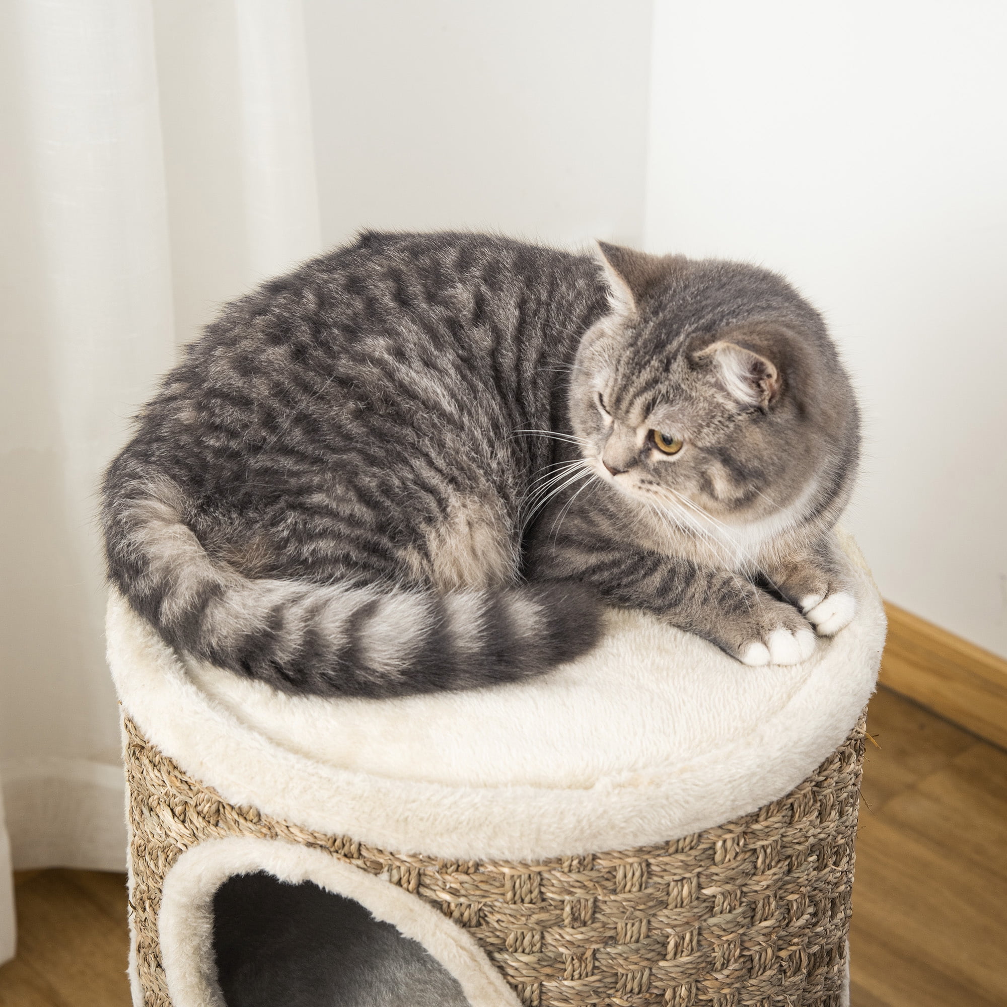 28 Inch 3-Story Cat Condo, Barrel Shaped Indoor Cat Tree with Sisal Scratching Pad, Soft Plush Lining Stable Particleboard Cat Hideaway for Small Cats, Khaki & Brown