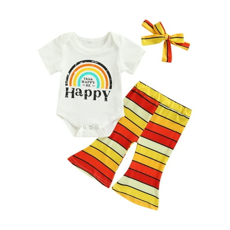

Amuver Baby Short Sleeve Romper + Pants + Bow Hairband Rainbow Happy Letter Print Elastic Waist Clothing
