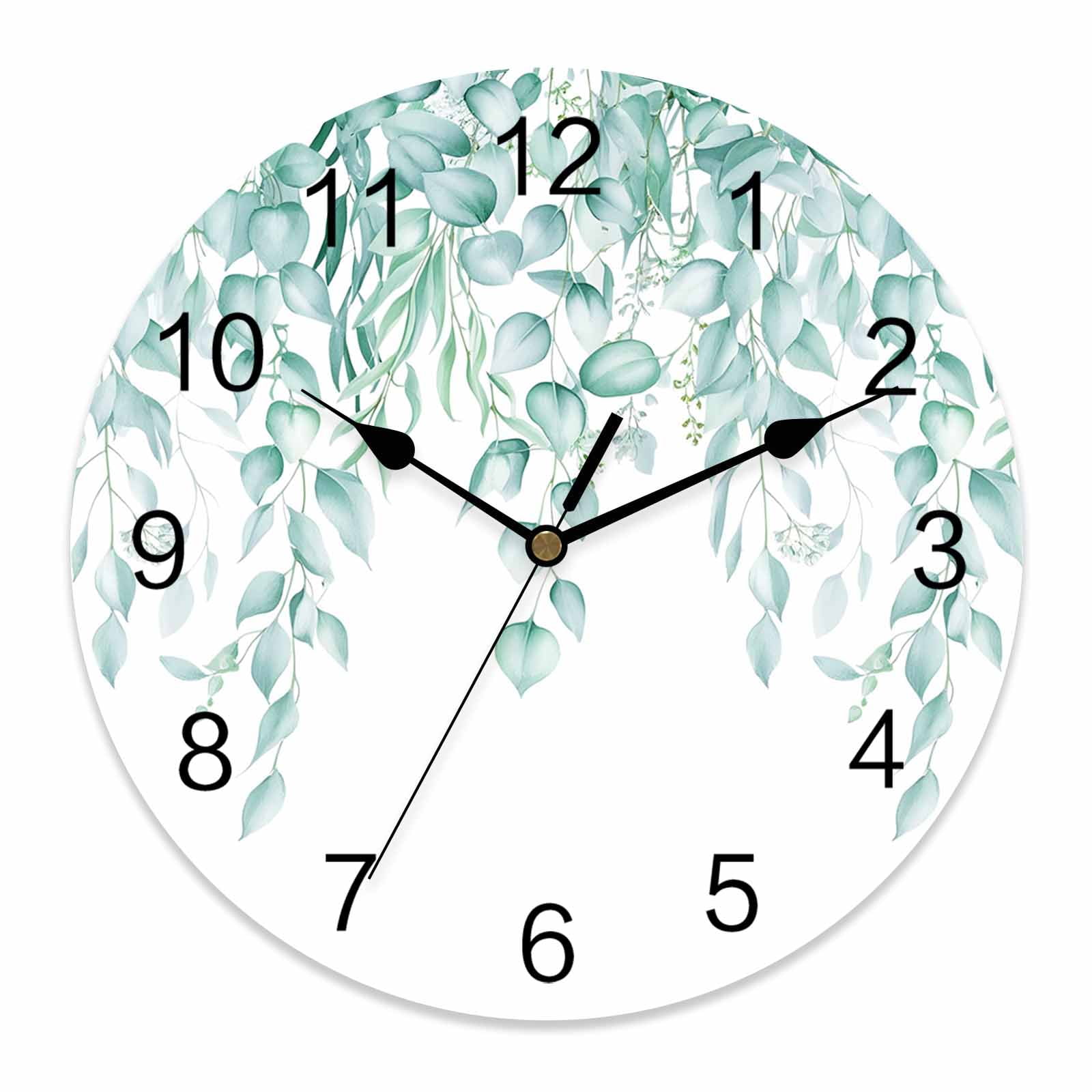Wall Clock Turquoise Eucalyptus Leaves Clocks PVC Silent Non-Ticking Battery Operated Watercolor Leaf Branch Round Clock for Home Living Room Kitchen Bedroom Office School Wall Decor 10 Inch