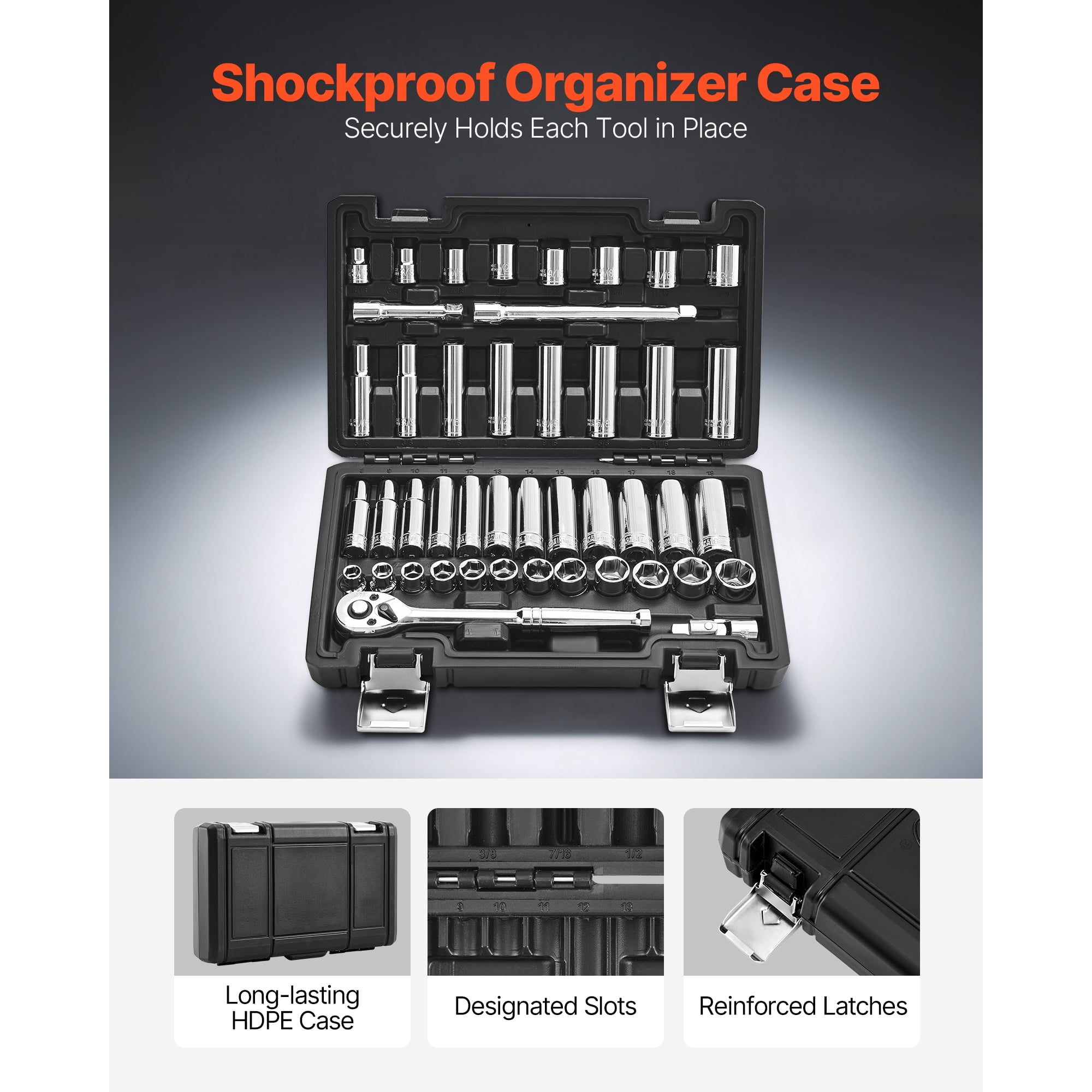 KFFKFF 44-Piece Socket Set, 3/8-Inch Drive, SAE & Metric Sizes, Includes Deep & Shallow Sockets, Ratchet, Accessories, and Storage Case, Made of CR-V Steel for Automotive Maintenance