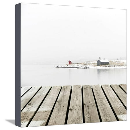 Winter Cottage - Norway Cottage on Winter Coast with Wooden Platform Dock Stretched Canvas Print Wall Art By Michal Bellan