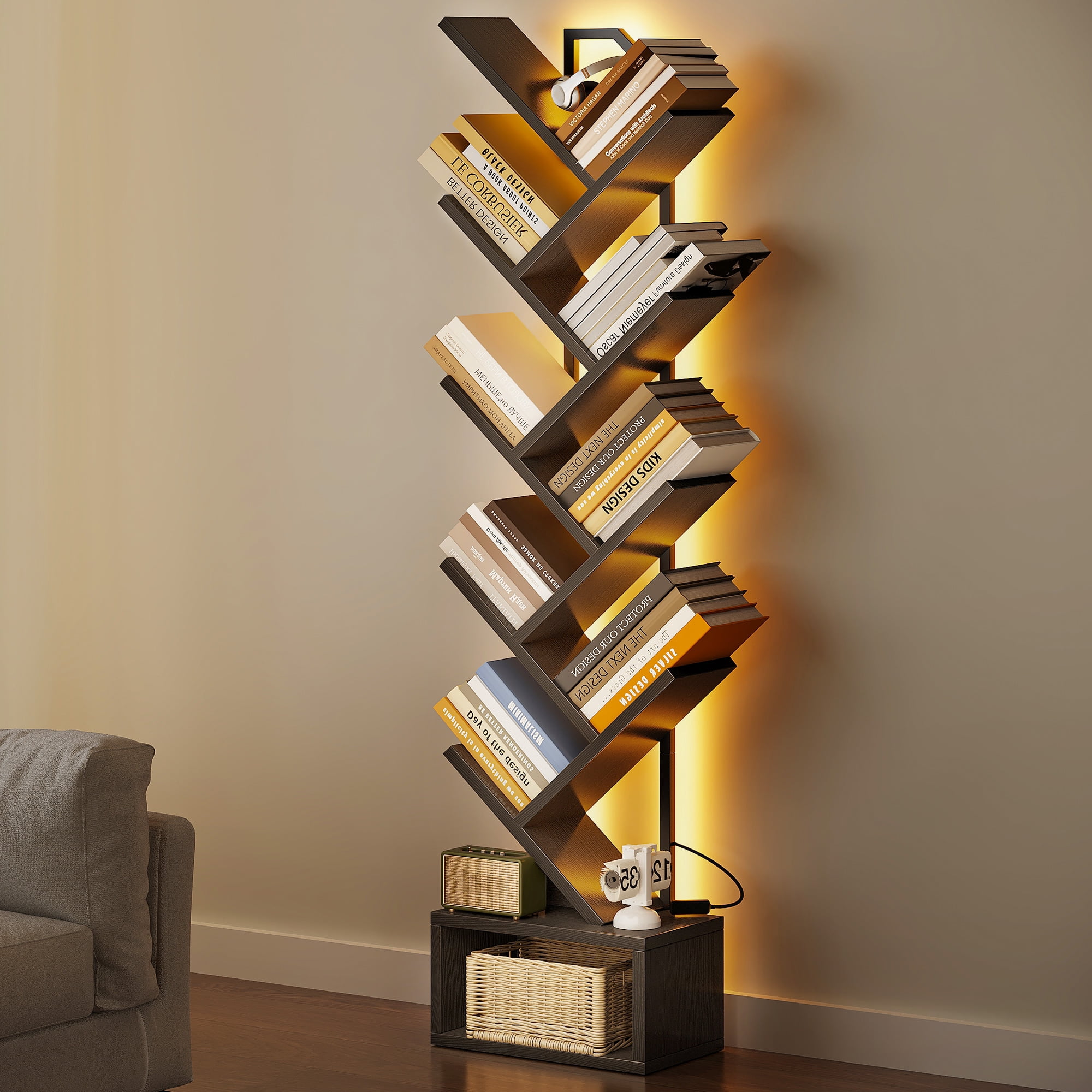 Casacomoda 8 Tier Tree Bookshelf, Bookcase with LED Lights, Display Floor Standing Storage Shelf, Book Organizer Shelves for Home Office, Living Room, Black