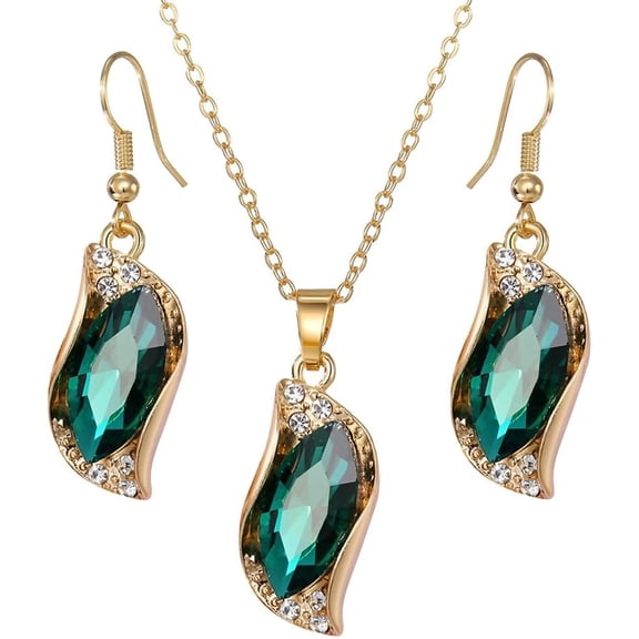 Zephyriana Fashion Alloy Water Droplet Women's Collarbone Chain Green Crystal Necklace Earrings Two-Piece Set Jewelry