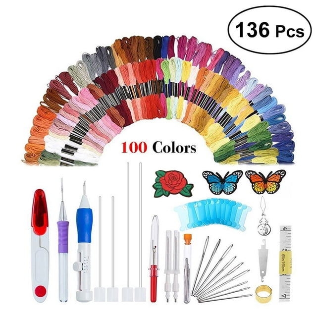 HLONK 136 Pcs Embroidery Pen Punch Needle Embroidery Patterns Punch Needle Kit Craft Tool Embroidery Pen Set with Threads