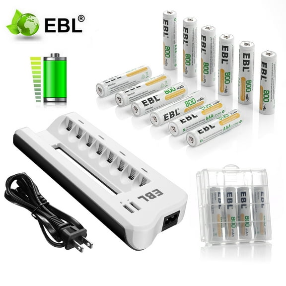 EBL 800mAh 1.2V NiMH AAA Rechargeable Batteries (20 Pack) and AA AAA Battery Charger with 2 USB Charging Ports