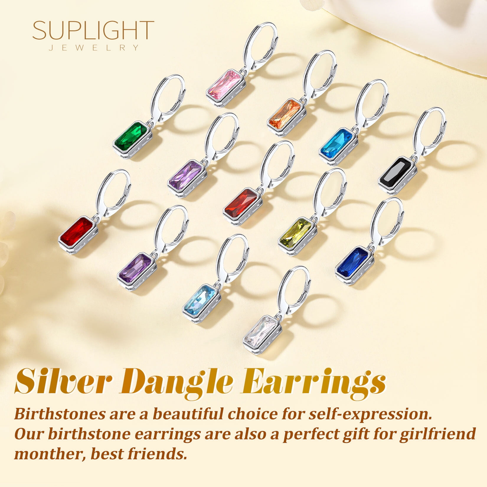 Suplight 925 Sterling Silver Emerald Cut Birthstone Hoop Dangle Earrings, Women Cubic Zirconia Crystal Drop Earrings